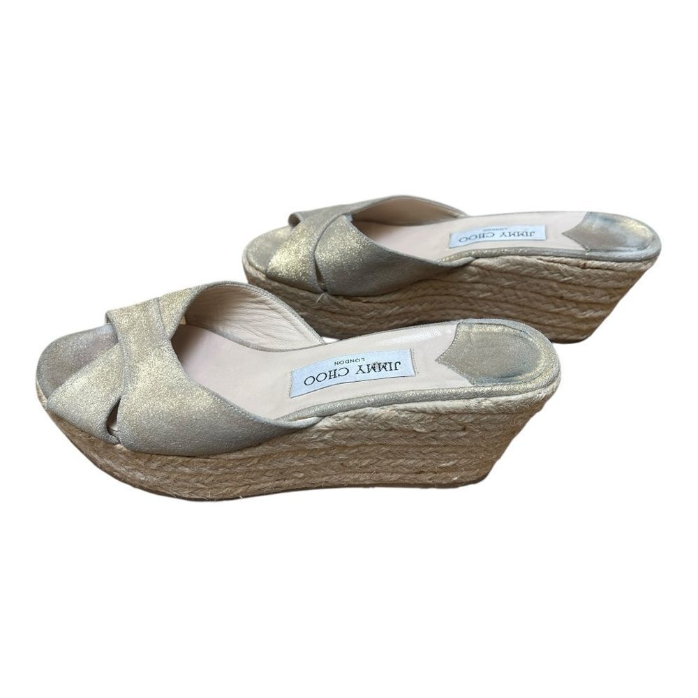 Jimmy Choo Gold Shimmer Espadrille Wedge Sandals Crisscross Women’s Size 39 8.5